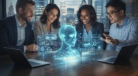 Diverse professionals collaborating with advanced AI hologram in a modern office setting, illustrating human-AI partnership in the future of work 2025.