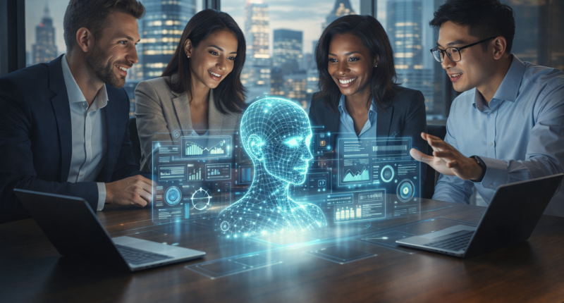 Diverse professionals collaborating with advanced AI hologram in a modern office setting, illustrating human-AI partnership in the future of work 2025.