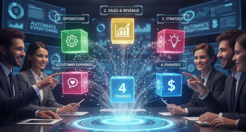 A professional 3D visualization of autonomous AI agents collaborating on a digital business interface, symbolizing the future of automation in 2026.