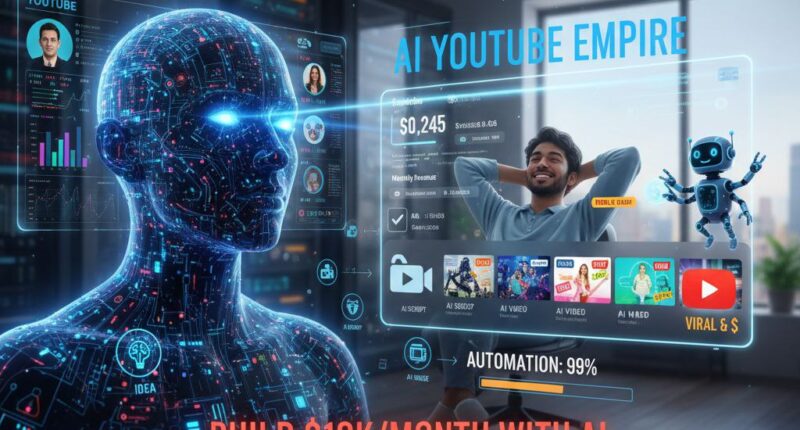 A high-tech dashboard showing YouTube channel analytics and a $10,000 monthly profit chart powered by Agentic AI in 2026.