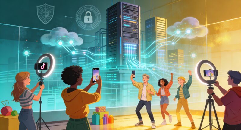 "A 3D illustration showing TikTok content creators in front of Oracle's protected cloud infrastructure, representing the 2026 security deal."