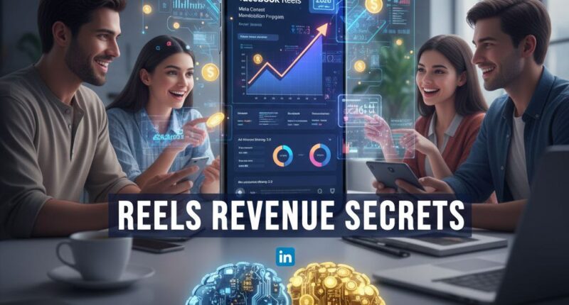 A professional 3D infographic showing Facebook Reels monetization 2026 dashboard with revenue growth charts and AI technology icons.