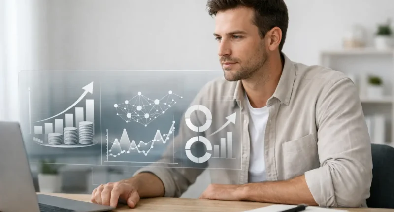 A young professional man analyzing AI-driven high-yield savings growth and financial charts on a laptop in a modern office, 2026 fintech concept.
