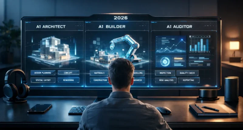 A digital dashboard in 2026 showing the orchestration of AI Architect, AI Builder, and AI Auditor agents for a semi-autonomous side hustle, managed by a human architect.
