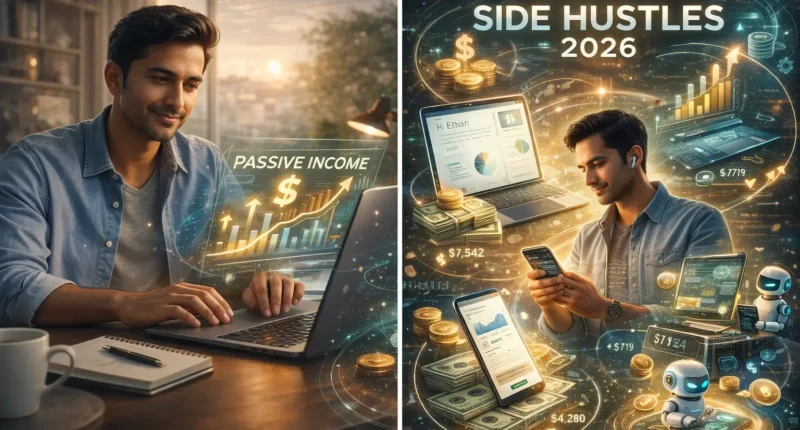 Man using holographic AI interface for passive income with text Top AI Side Hustles 2026