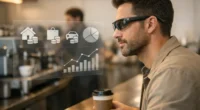 A man wearing AI smart glasses in a coffee shop, viewing a digital overlay of his monthly expenses and financial budget graphs.