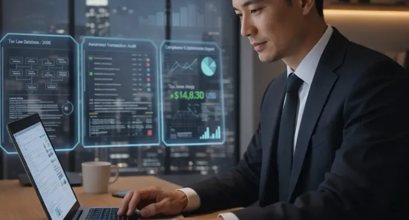A professional financial architect in 2026 reviewing automated tax audits and compliance reports on a digital dashboard.