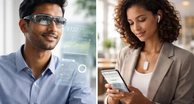 Side-by-side comparison of a man using AR smart glasses for financial data visualization and a woman wearing an AI pendant for real-time expense tracking in 2026.