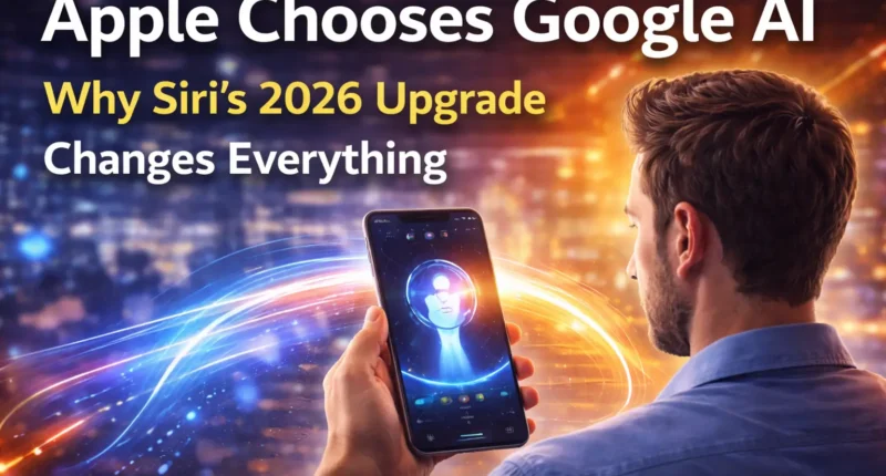 3D conceptual render of Apple and Google logos connected by glowing AI neural network light beams representing their partnership.