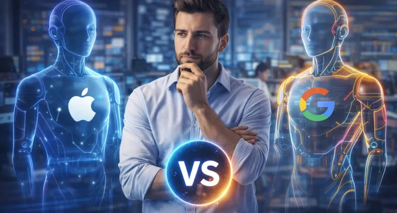 Man and woman using Apple and Google AI assistants in a futuristic 2026 smart city background