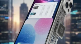 Conceptual render of Apple iPhone Fold 2026 showing internal liquid metal hinge and A20 Bionic chip, highlighting its crease-free display technology.