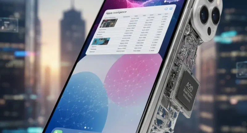 Conceptual render of Apple iPhone Fold 2026 showing internal liquid metal hinge and A20 Bionic chip, highlighting its crease-free display technology.