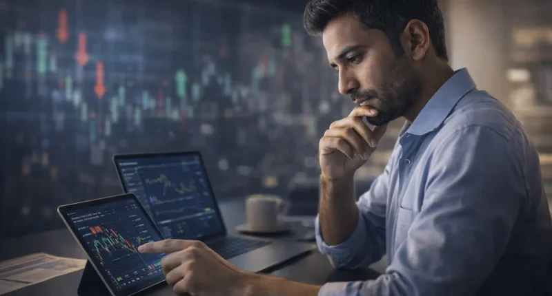 3D visualization of top Indian fintech stocks like JFS and PB Fintech rising after 2026 market correction.