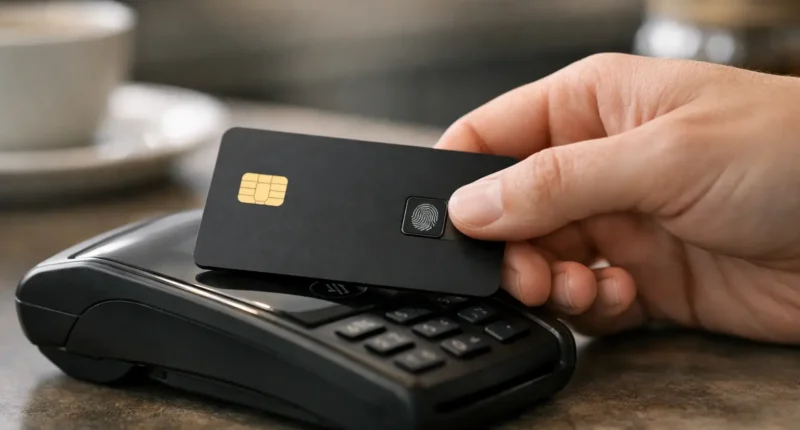 A person making a $1,500 payment by holding their thumb on a biometric credit card's fingerprint sensor at a modern checkout terminal.