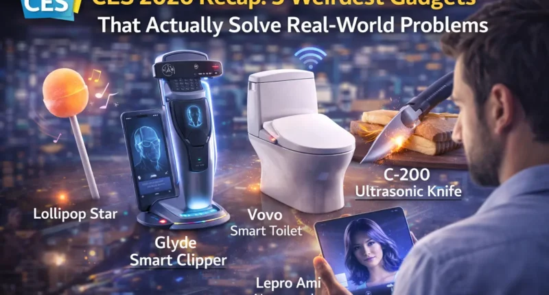 Close-up of Lollipop Star at CES 2026, a $9 candy using bone conduction technology to play music through teeth.