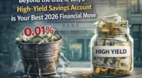 Illustration comparing a leaking bucket labeled 0.01% representing traditional low-interest banks versus an overflowing jar of money labeled HIGH YIELD. Overlay text reads: Beyond the 0.01%: Why a High-Yield Savings Account is Your Best 2026 Financial Move.