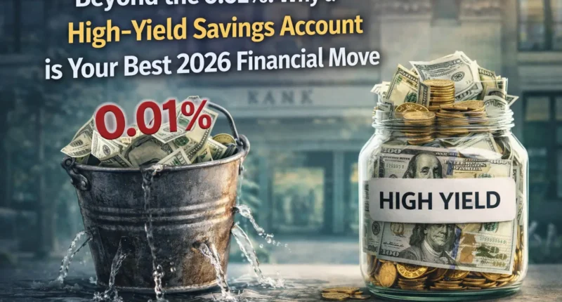 Illustration comparing a leaking bucket labeled 0.01% representing traditional low-interest banks versus an overflowing jar of money labeled HIGH YIELD. Overlay text reads: Beyond the 0.01%: Why a High-Yield Savings Account is Your Best 2026 Financial Move.
