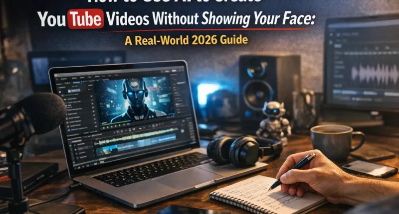Workspace setup for YouTube automation showing laptop with AI video editor, microphone for voiceovers, and planning notebook - 2026 Guide to faceless channels