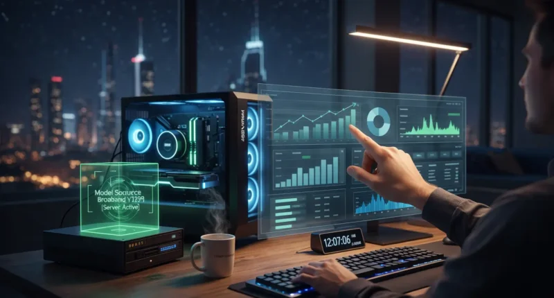 A user operating a high-performance local sovereign node PC at night. A holographic display shows "Model Source Protocol (MCP) Server Active," while the monitor displays a "Private Wealth Ledger - Autonomous Audit" dashboard with financial graphs.