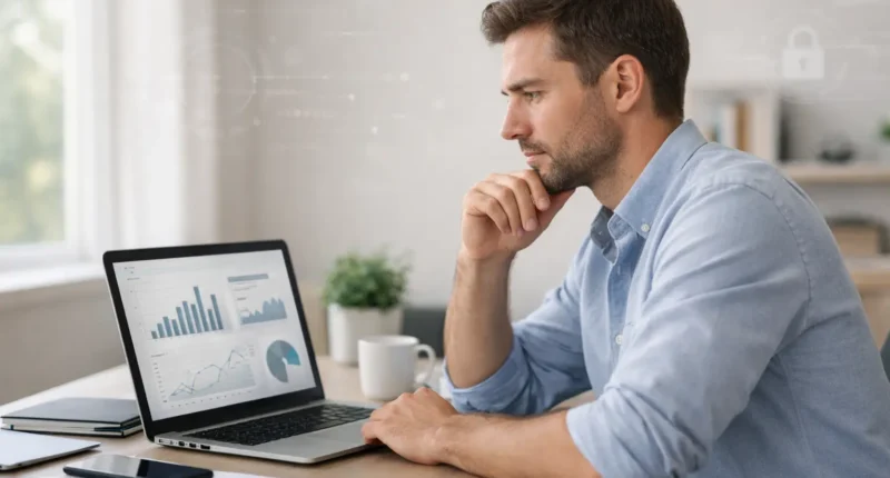 A thoughtful man in a blue shirt sits at a home office desk, reviewing financial charts and graphs on a laptop screen with subtle digital security overlay icons in the background