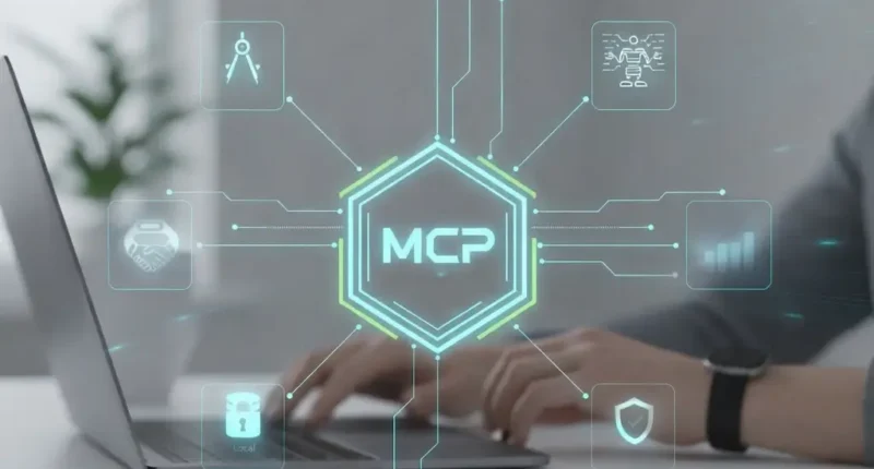 A digital visualization of the Model Context Protocol (MCP) showing a central hexagon hub connecting AI agents like The Architect, Builder, and Security Auditor to a financial logic map and local sovereign nodes.