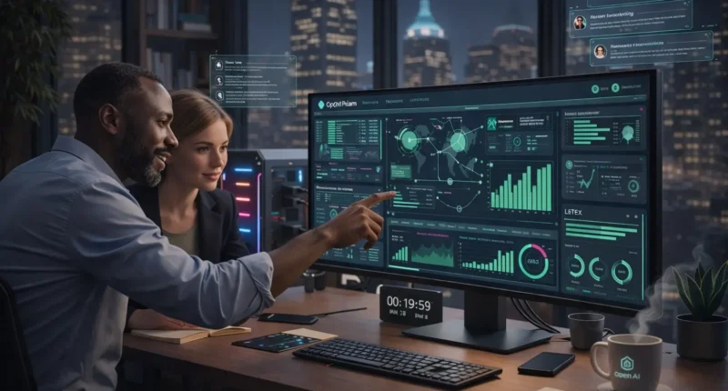 A professional interface of OpenAI Prism (GPT-5.2) analyzing complex financial audit reports with real-time data verification and holographic overlays in a modern 2026 office.