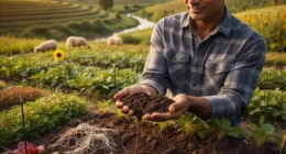 A farmer inspecting nutrient-rich dark soil on a biodiverse regenerative farm with terraced crops and grazing sheep, symbolizing 2026 food security solutions.