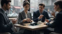 A professional woman using a smart ring to authorize a payment at a terminal in a modern cafe, showcasing biometric handshake technology and 2026 financial AI integration.
