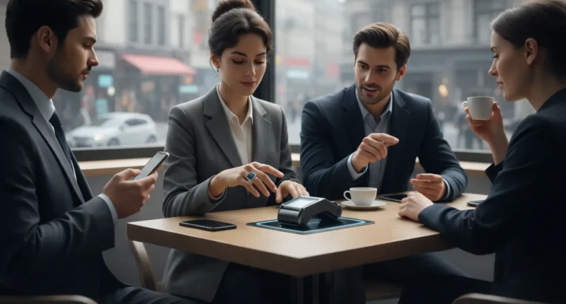 A professional woman using a smart ring to authorize a payment at a terminal in a modern cafe, showcasing biometric handshake technology and 2026 financial AI integration.