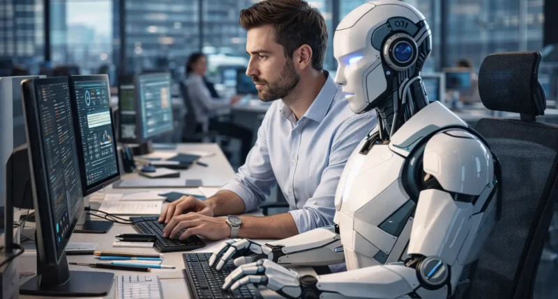 A professional man collaborating with a humanoid AI agent in a modern office, representing workplace automation in 2026.