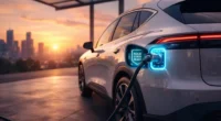 A futuristic electric SUV charging at an ultra-fast solid-state charging station in a smart city during sunset.