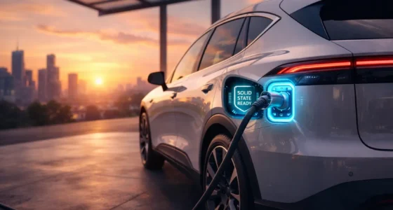 A futuristic electric SUV charging at an ultra-fast solid-state charging station in a smart city during sunset.