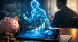 Futuristic AI financial advisor interface showing retirement growth charts for an elderly couple.