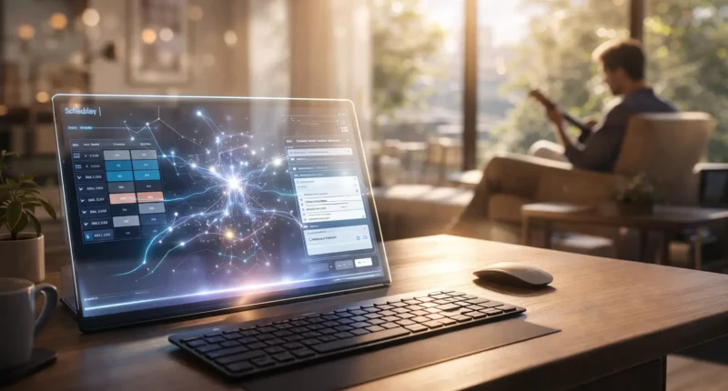 A futuristic 2026 home office showing an autonomous Agentic AI interface managing tasks on a glass tablet to increase productivity.