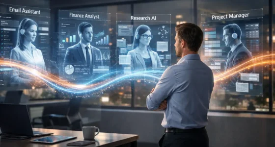 A futuristic digital command center showing multiple autonomous AI agents managing tasks on holographic screens, representing daily workflow automation.