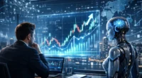 A professional investor and a humanoid AI robot analyzing real-time stock market data on a holographic display in 2026.