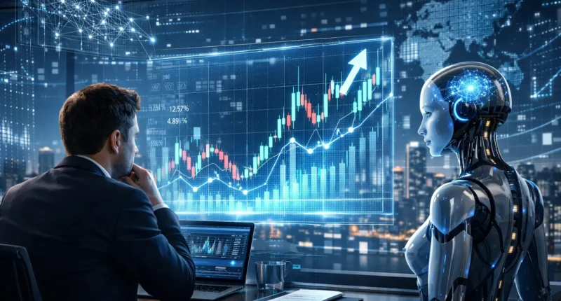 A professional investor and a humanoid AI robot analyzing real-time stock market data on a holographic display in 2026.