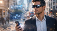 A professional using AI-integrated smart glasses with a holographic navigation display in a modern city, representing the post-smartphone era.