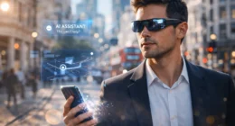 A professional using AI-integrated smart glasses with a holographic navigation display in a modern city, representing the post-smartphone era.