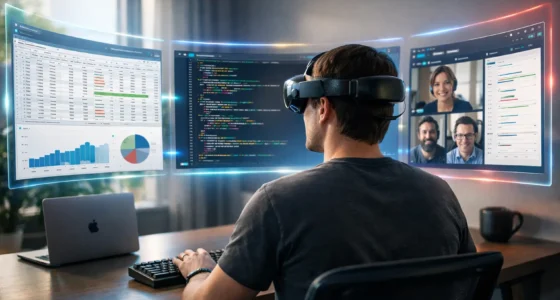 Comparison of Apple Vision Pro 2, Meta Quest 4 Pro, and Samsung Galaxy XR headsets in a 2026 home office setting with virtual screens.