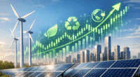 A futuristic 3D digital illustration of renewable energy icons including wind turbines, solar panels, and a glowing green leaf representing sustainable investing in 2026.