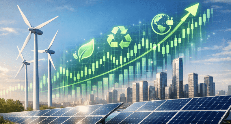 A futuristic 3D digital illustration of renewable energy icons including wind turbines, solar panels, and a glowing green leaf representing sustainable investing in 2026.