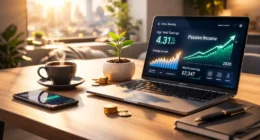 A professional digital dashboard on a laptop screen displaying high-yield savings interest growth charts for 2026.