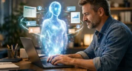 A laptop displaying a custom GPT builder interface on a desk in a modern business office environment.