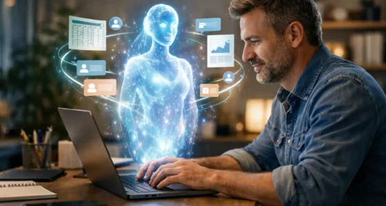 A laptop displaying a custom GPT builder interface on a desk in a modern business office environment.