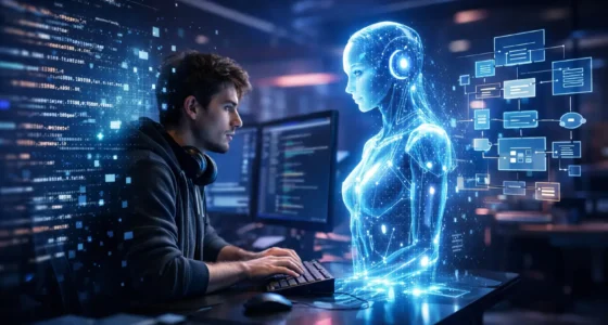 A professional developer using AI holographic tools to architect software, illustrating the evolution of coding tasks by 2027.