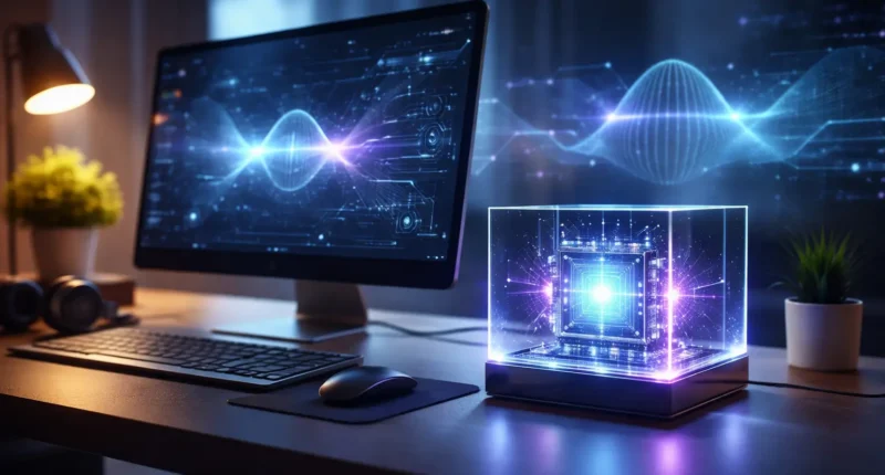 A futuristic home office setup featuring a transparent quantum processing unit and holographic data streams on a desk.