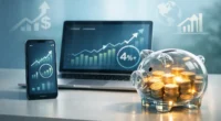 Professional financial dashboard showing 4.8% APY high-yield savings growth on a tablet, representing 2026 banking trends.