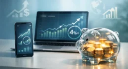 Professional financial dashboard showing 4.8% APY high-yield savings growth on a tablet, representing 2026 banking trends.
