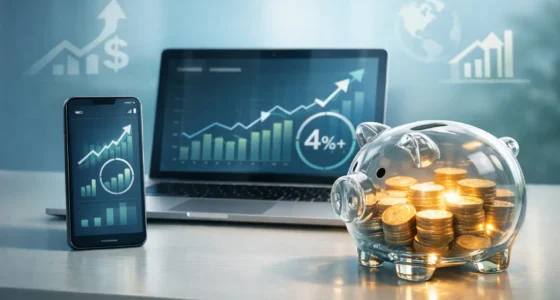 Professional financial dashboard showing 4.8% APY high-yield savings growth on a tablet, representing 2026 banking trends.